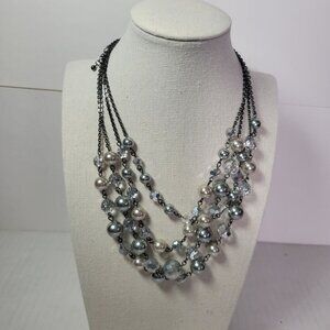 Lia Sophie Multistrand Black Chain Statement Necklace With Silver & Pearl Beads